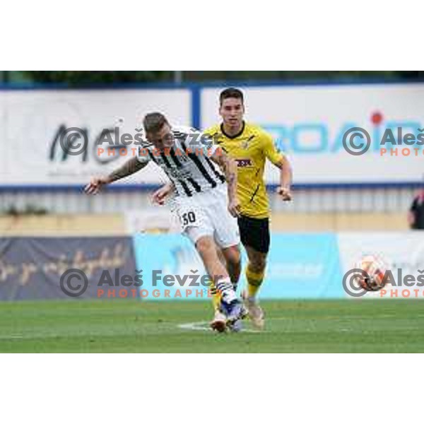Martin Sroler and Leon Sever in action during Prva Liga Telemach 2022-2023 football match between Kalcer Radomlje and Mura in Domzale, Slovenia on August 7, 2022