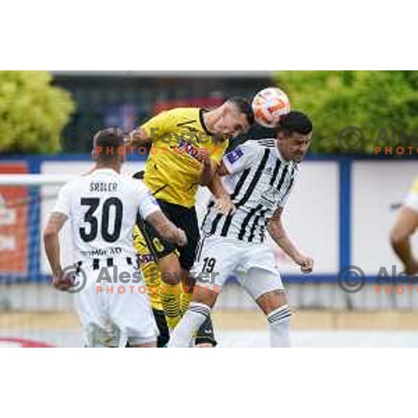 Vicko Sevelj and Mirlind Daku in action during Prva Liga Telemach 2022-2023 football match between Kalcer Radomlje and Mura in Domzale, Slovenia on August 7, 2022