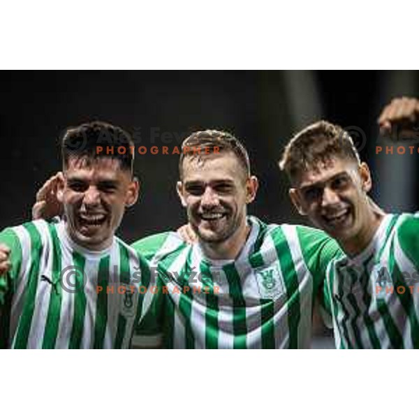 Svit Seslar and Timi Max Elsnik celebrating during Prva liga Telemach football match between Maribor and Olimpija in Ljudski vrt, Maribor, Slovenia on August 7, 2022. Photo: Jure Banfi
