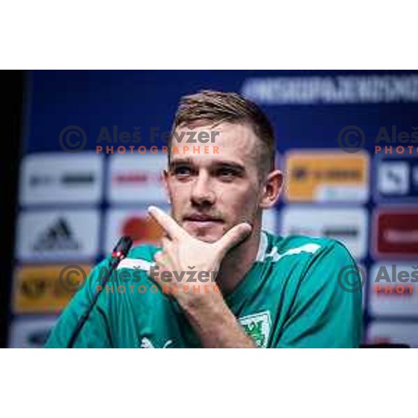 Timi Max Elsnik at the press conference during Prva liga Telemach football match between Maribor and Olimpija in Ljudski vrt, Maribor, Slovenia on August 7, 2022. Photo: Jure Banfi