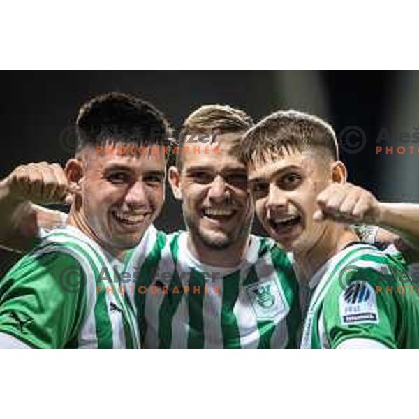 Svit Seslar, Timi Max Elsnik and Marcel Ratnik celebrating during Prva liga Telemach football match between Maribor and Olimpija in Ljudski vrt, Maribor, Slovenia on August 7, 2022. Photo: Jure Banfi