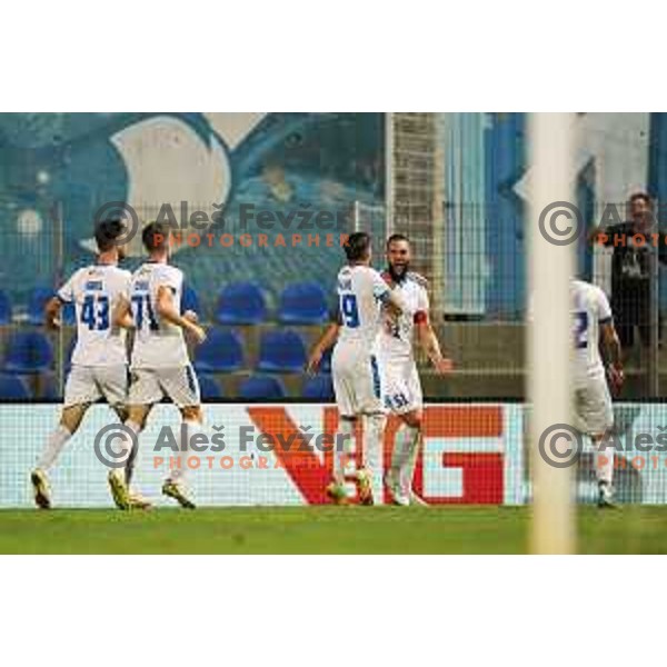 Nejc Mevlja and players of Gorica celebrate goal during Prva Liga Telemach 2022-2023 football match between Gorica and Koper in Nova Gorica, Slovenia on August 8, 2022
