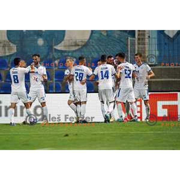 Nejc Mevlja and players of Gorica celebrate goal during Prva Liga Telemach 2022-2023 football match between Gorica and Koper in Nova Gorica, Slovenia on August 8, 2022