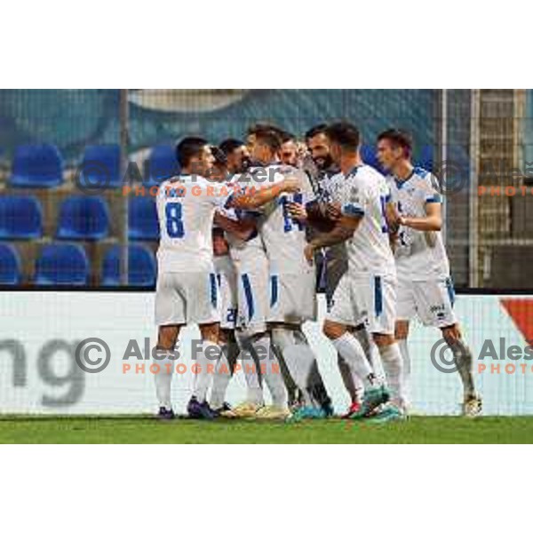 Nejc Mevlja and players of Gorica celebrate goal during Prva Liga Telemach 2022-2023 football match between Gorica and Koper in Nova Gorica, Slovenia on August 8, 2022