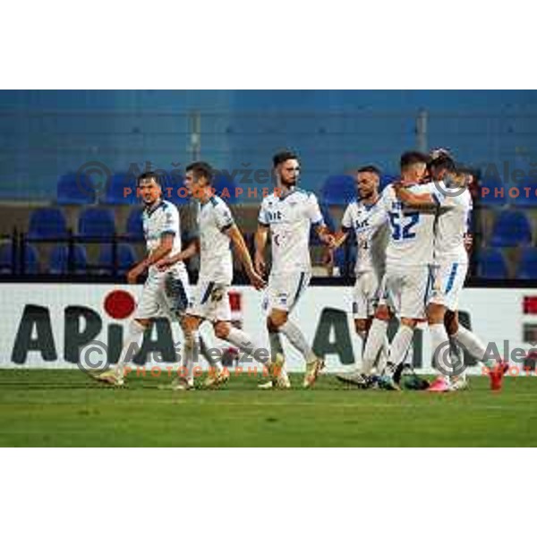 Nejc Mevlja and players of Gorica celebrate goal during Prva Liga Telemach 2022-2023 football match between Gorica and Koper in Nova Gorica, Slovenia on August 8, 2022