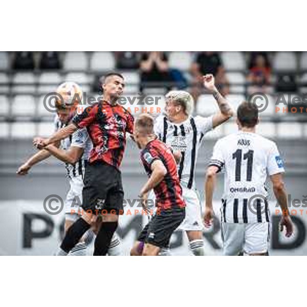 Amar Beganovic and Tio Cipot in action during Prva liga Telemach football match between Mura and Tabor in Fazanerija, Murska Sobota, Slovenia on August 13, 2022. Photo: Jure Banfi
