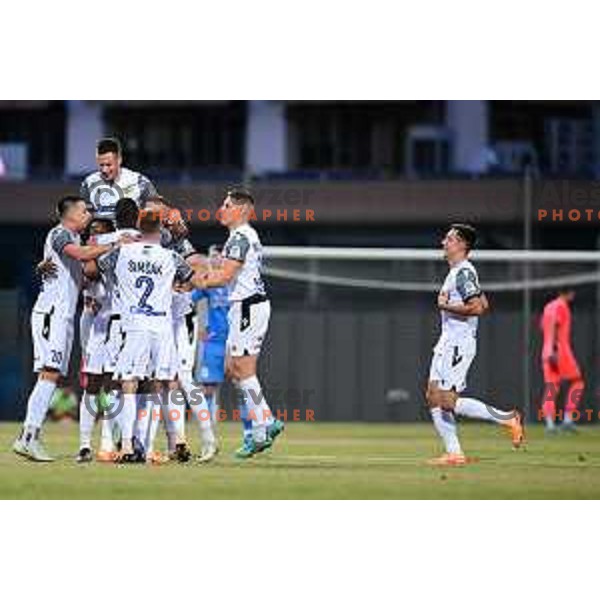 Luka Susnjara, Matej Palcic and Ivan Novoselec of Koper celebrate goal during Prva Liga Telemach 2022-2023 football match between Koper and Radomlje at Bonifika Arena in Koper, Slovenia on August 13, 2022