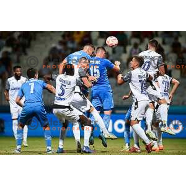 Andrej Kotnik, Luka Susnjara, Matej Palcic of Koper in action during Prva Liga Telemach 2022-2023 football match between Koper and Radomlje at Bonifika Arena in Koper, Slovenia on August 13, 2022
