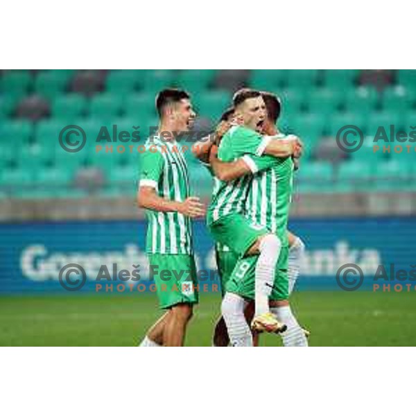 Svit Seslar, Mario Kvesic and Mustafa Nukic celebrate goal during Prva Liga Telemach 2022-2023 football match between Olimpija and Gorica in SRC Stozice, Ljubljana, Slovenia on August 15, 2022