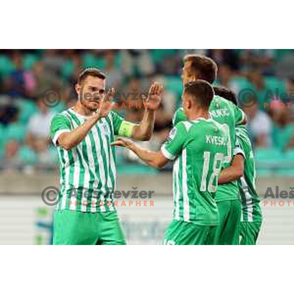 Mustafa Nukic and players of Olimpija celebrate goal during Prva Liga Telemach 2022-2023 football match between Olimpija and Gorica in SRC Stozice, Ljubljana, Slovenia on August 15, 2022