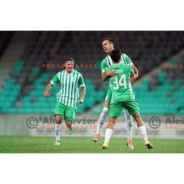 Mustafa Nukic and players of Olimpija celebrate goal during Prva Liga Telemach 2022-2023 football match between Olimpija and Gorica in SRC Stozice, Ljubljana, Slovenia on August 15, 2022