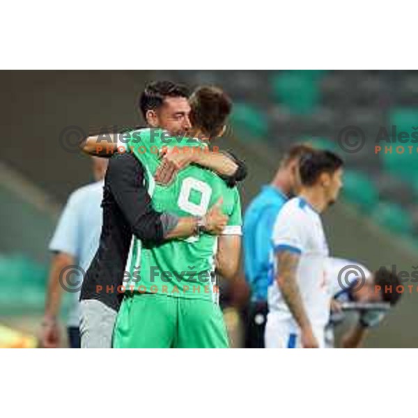 Mustafa Nukic and players of Olimpija celebrate goal during Prva Liga Telemach 2022-2023 football match between Olimpija and Gorica in SRC Stozice, Ljubljana, Slovenia on August 15, 2022