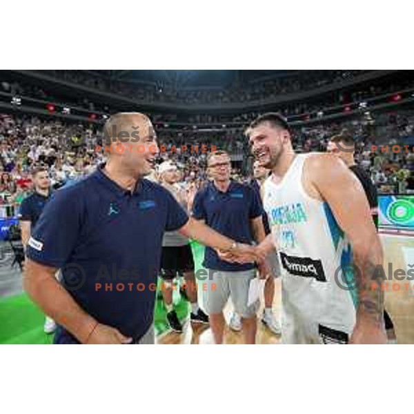 Marko Milic and Luka Doncic during Telemach match between Slovenia and Serbia in SRC Stozice, Ljubljana, Slovenia on August 17, 2022