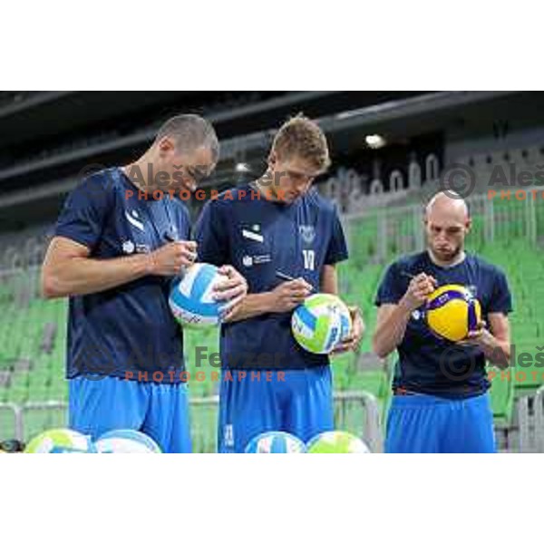 Alen Pajenk, Saso Stalekar, Ziga Stern of Team Slovenia during Slovenia Volleyball team practice in Ljubljana on August 18, 2022