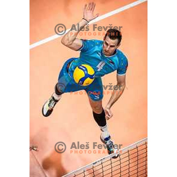 Jan Kozamernik in action during friendly volleyball match between Slovenia and Turkey in Dvorana Tabor, Maribor, Slovenia on August 20, 2022. Photo: Jure Banfi