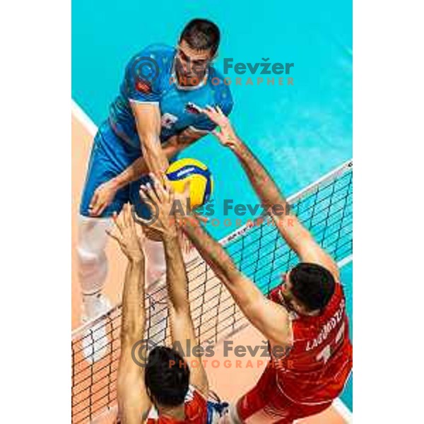 Klemen Cebulj in action during friendly volleyball match between Slovenia and Turkey in Dvorana Tabor, Maribor, Slovenia on August 20, 2022