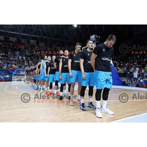 Luka Doncic and players of Slovenia during friendly basketball match between Slovenia and Croatia in Arena Zlatorog, Celje, Slovenia on August 20, 2022