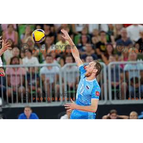 Tine Urnaut in action during preparation match before Volleyball World Championship between Slovenia and Iran in SRC Stozice, Ljubljana, Slovenia on August 23, 2022