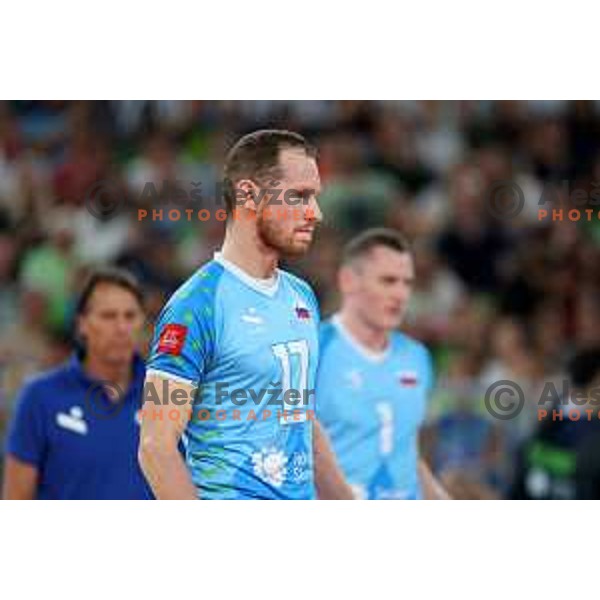 Tine Urnaut in action during preparation match before Volleyball World Championship between Slovenia and Iran in SRC Stozice, Ljubljana, Slovenia on August 23, 2022