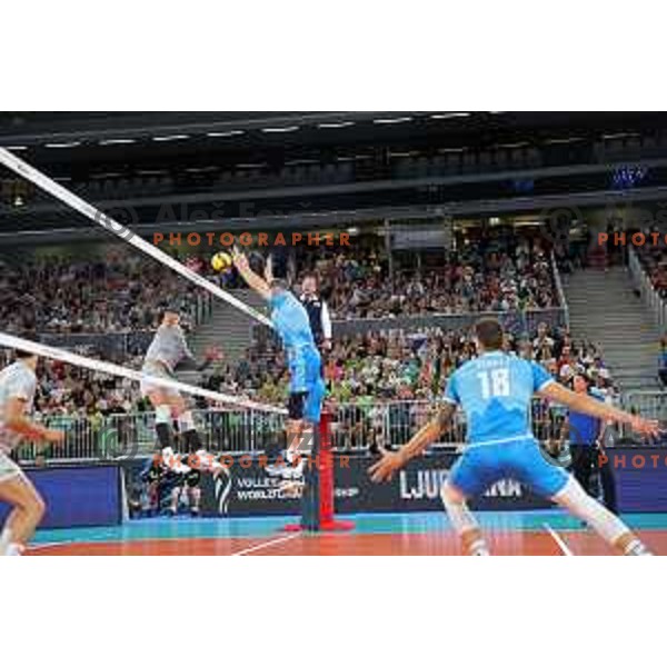 in action during preparation match before Volleyball World Championship between Slovenia and Iran in SRC Stozice, Ljubljana, Slovenia on August 23, 2022