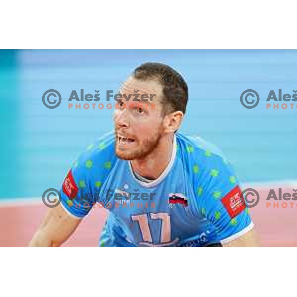 Tine Urnaut in action during preparation match before Volleyball World Championship between Slovenia and Iran in SRC Stozice, Ljubljana, Slovenia on August 23, 2022