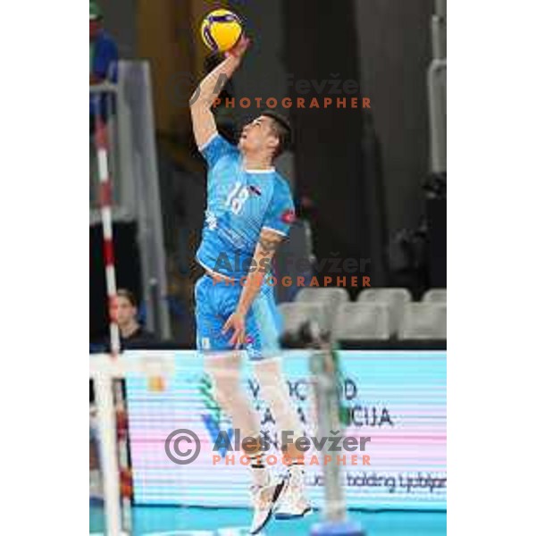 Klemen Cebulj in action during preparation match before Volleyball World Championship between Slovenia and Iran in SRC Stozice, Ljubljana, Slovenia on August 23, 2022