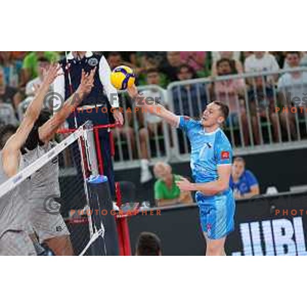 Toncek Stern in action during preparation match before Volleyball World Championship between Slovenia and Iran in SRC Stozice, Ljubljana, Slovenia on August 23, 2022