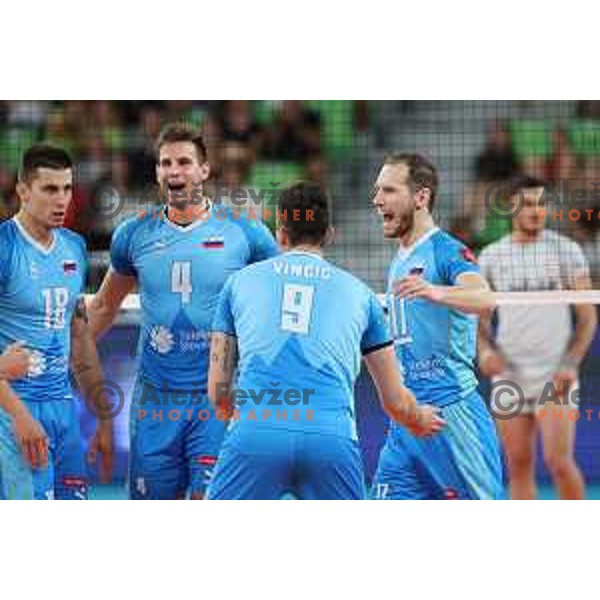 Klemen Cebulj, Jan Kozamernik and Tine Urnaut in action during preparation match before Volleyball World Championship between Slovenia and Iran in SRC Stozice, Ljubljana, Slovenia on August 23, 2022