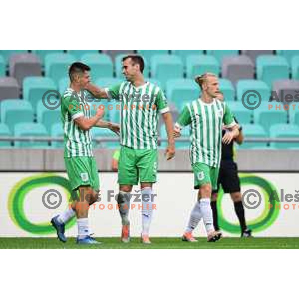 Svit Seslar and Mustafa Nukic celebrate goal during Prva Liga Telemach 2022-2023 football match between Olimpija and Kalcer Radomlje in SRC Stozice, Ljubljana, Slovenia on August 27, 2022 