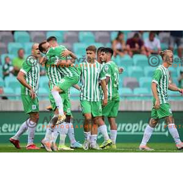 Mario Kvesic and Mustafa Nukic celebrate goal during Prva Liga Telemach 2022-2023 football match between Olimpija and Kalcer Radomlje in SRC Stozice, Ljubljana, Slovenia on August 27, 2022