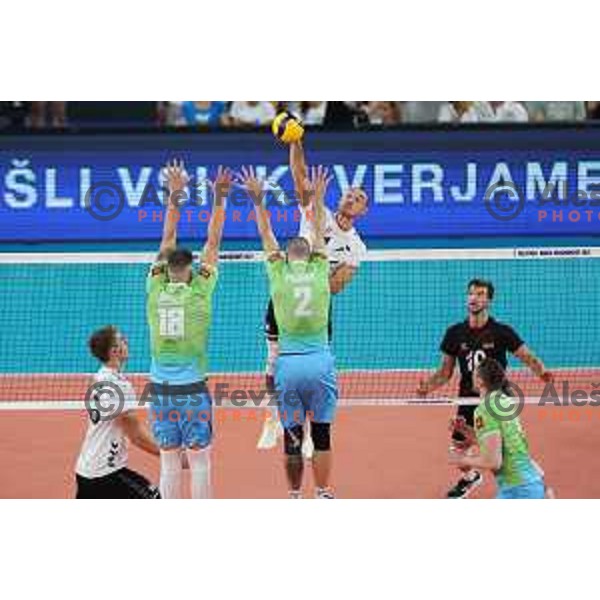 action during eight-final of FIVB Volleyball Men\'s World Championship 2022 between Slovenia and Germany in Arena Stozice, Ljubljana, Slovenia on September 3, 2022