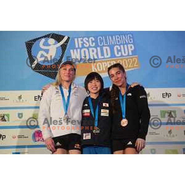 Janja Garnbret (SLO) runner-up, winner AI Mori (JPN) and third placed Broke Rabotou (USA) of IFSC Climbing World Cup lead in Koper, Slovenia on September 3, 2022
