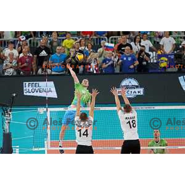 action during eight-final of FIVB Volleyball Men\'s World Championship 2022 between Slovenia and Germany in Arena Stozice, Ljubljana, Slovenia on September 3, 2022