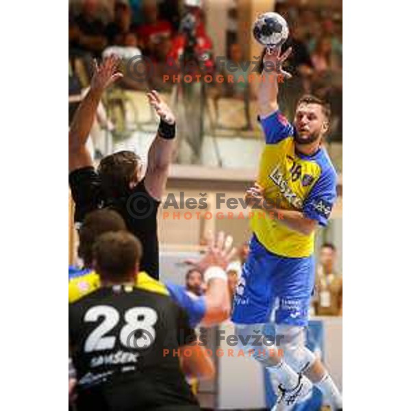 Aleks Vlah in action during Slovenian handball Supercup match between Gorenje Velenje and Celje Pivovarna Lasko in Gornja Radgona, Slovenia on September 4, 2022
