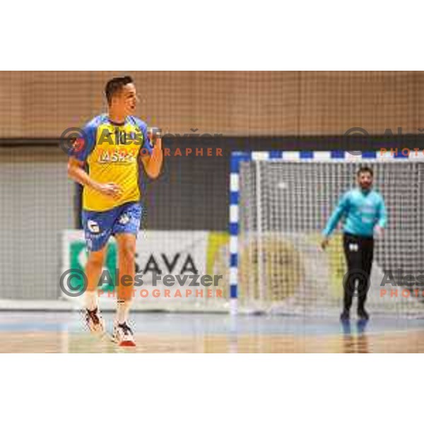 Tim Cokan in action during Slovenian handball Supercup match between Gorenje Velenje and Celje Pivovarna Lasko in Gornja Radgona, Slovenia on September 4, 2022