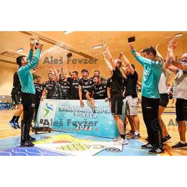 in action during Slovenian handball Supercup match between Gorenje Velenje and Celje Pivovarna Lasko in Gornja Radgona, Slovenia on September 4, 2022