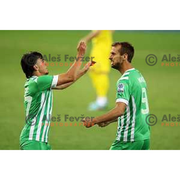 Mustafa Nukic and Almedin Ziljkic celebrate goal during Prva Liga Telemach 2022-2023 football match between Olimpija and Domzale in SRC Stozice, Ljubljana, Slovenia on September 3, 2022