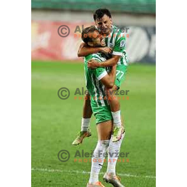 Mustafa Nukic and Almedin Ziljkic celebrate goal during Prva Liga Telemach 2022-2023 football match between Olimpija and Domzale in SRC Stozice, Ljubljana, Slovenia on September 3, 2022