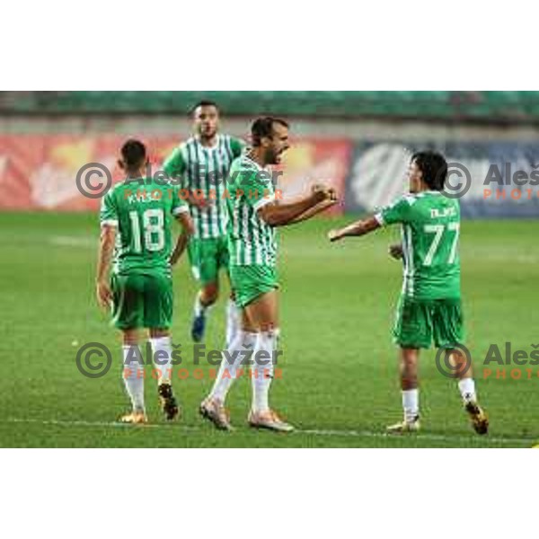 Mustafa Nukic and Almedin Ziljkic celebrate goal during Prva Liga Telemach 2022-2023 football match between Olimpija and Domzale in SRC Stozice, Ljubljana, Slovenia on September 3, 2022