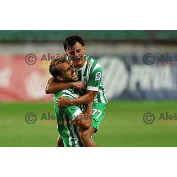 Mustafa Nukic and Almedin Ziljkic celebrate goal during Prva Liga Telemach 2022-2023 football match between Olimpija and Domzale in SRC Stozice, Ljubljana, Slovenia on September 3, 2022