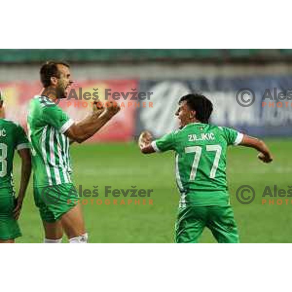 Mustafa Nukic and Almedin Ziljkic celebrate goal during Prva Liga Telemach 2022-2023 football match between Olimpija and Domzale in SRC Stozice, Ljubljana, Slovenia on September 3, 2022
