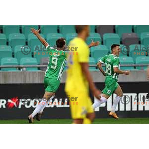 Mustafa Nukic and Mario Kvesic celebrate goal during Prva Liga Telemach 2022-2023 football match between Olimpija and Domzale in SRC Stozice, Ljubljana, Slovenia on September 3, 2022