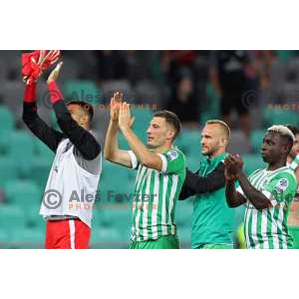 Mario Kvesic and Aldair Balde celebrate victory at Prva Liga Telemach 2022-2023 football match between Olimpija and Domzale in SRC Stozice, Ljubljana, Slovenia on September 3, 2022