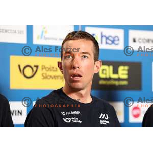 Domen Novak at press conference of Slovenia Cycling Federation in Ljubljana, Slovenia on September 12, 2022 before departure to World Championship