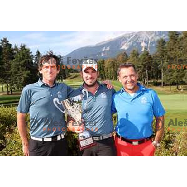 Thrid placed Janez Grilc, Jaka Vidmar, winner of Slovenian PGA Championship and second placed Boris Lah at King\'s course of Royal Bled golf estate in Slovenia on September 13, 2022
