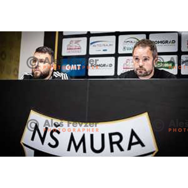 Smiljan Kuhar, Mura PR and Damir Contala, head coach of Mura at the press conference during Prva liga Telemach football match between Mura and Olimpija in Fazanerija, Murska Sobota, Slovenia on September 17, 2022. Photo: Jure Banfi