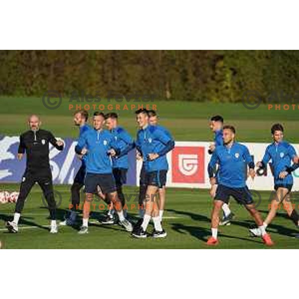 Jasmin Kurtic and Benjamin Sesko of Slovenia during the practice session of Slovenia National football team in NNC Brdo, Slovenia on September 19, 2022