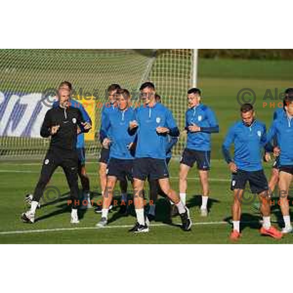 Jasmin Kurtic and Benjamin Sesko of Slovenia during the practice session of Slovenia National football team in NNC Brdo, Slovenia on September 19, 2022
