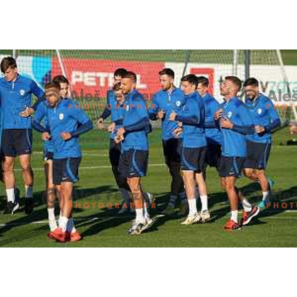 Luka Zahovic, Andraz Sporar and Miha Zajc of Slovenia during the practice session of Slovenia National football team in NNC Brdo, Slovenia on September 19, 2022