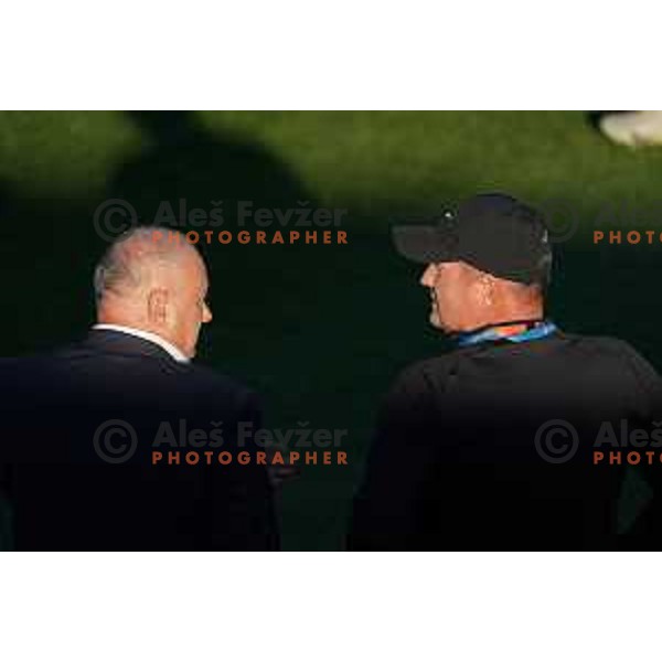 Radenko Mijatovic and Matjaz Kek, head coach of Slovenia during the practice session of Slovenia National football team in NNC Brdo, Slovenia on September 19, 2022